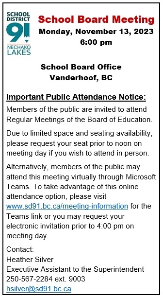 School Board Meeting Announcement November 13 2023